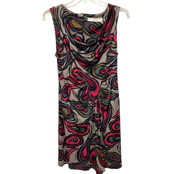 Trina Turk SILK Slimming Psychedelic Print Drape Neck Knee Length 16" Pit To Pit - Picture 4 of 8
